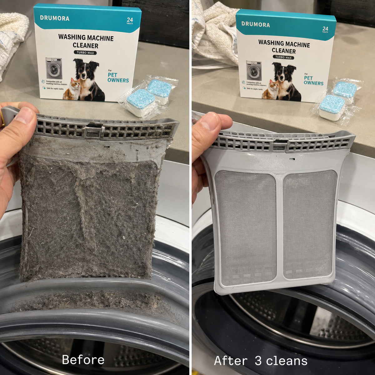 Before and after three cleans: lint filter and door seal fold
