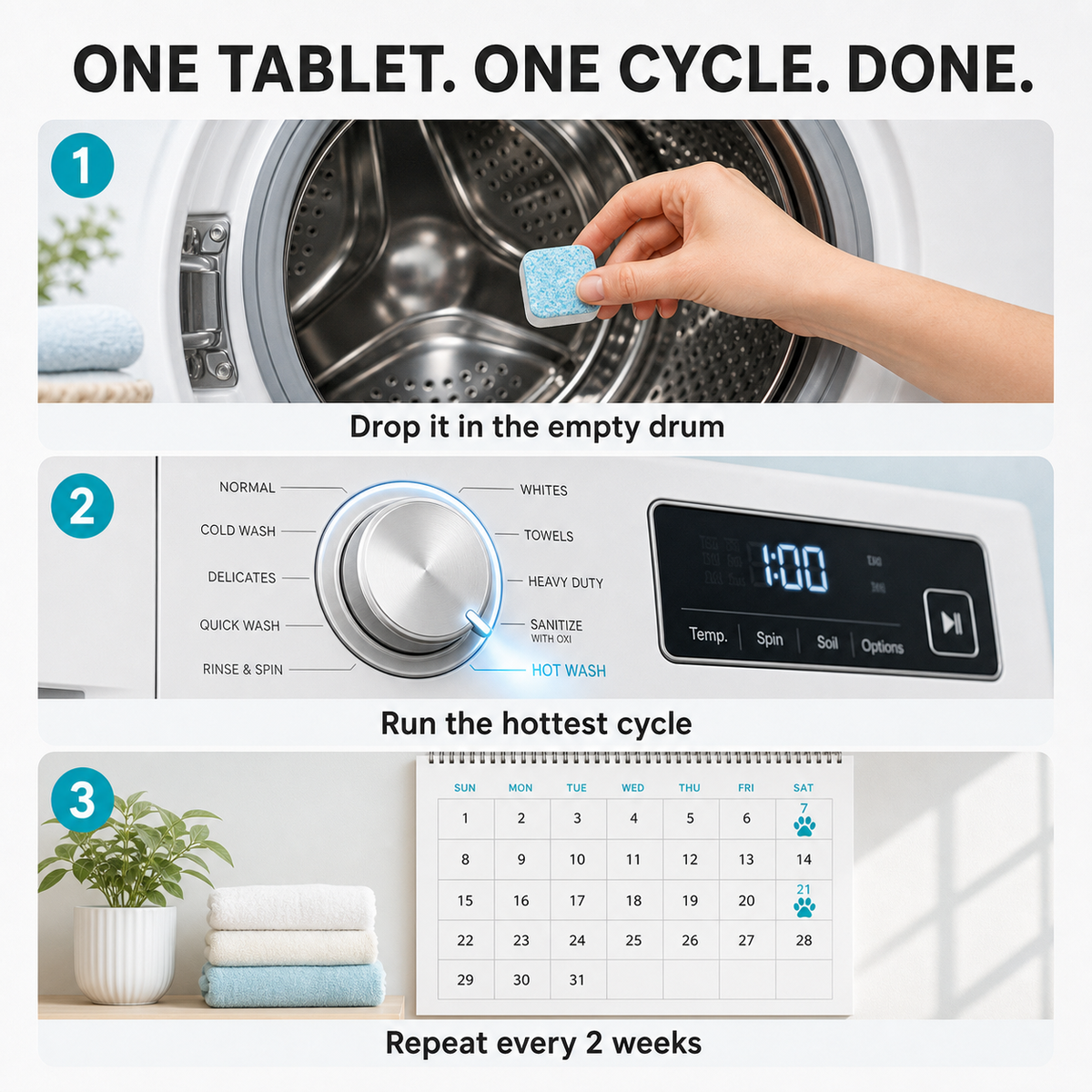 One tablet, one cycle, done: drop, run, repeat every 2 weeks
