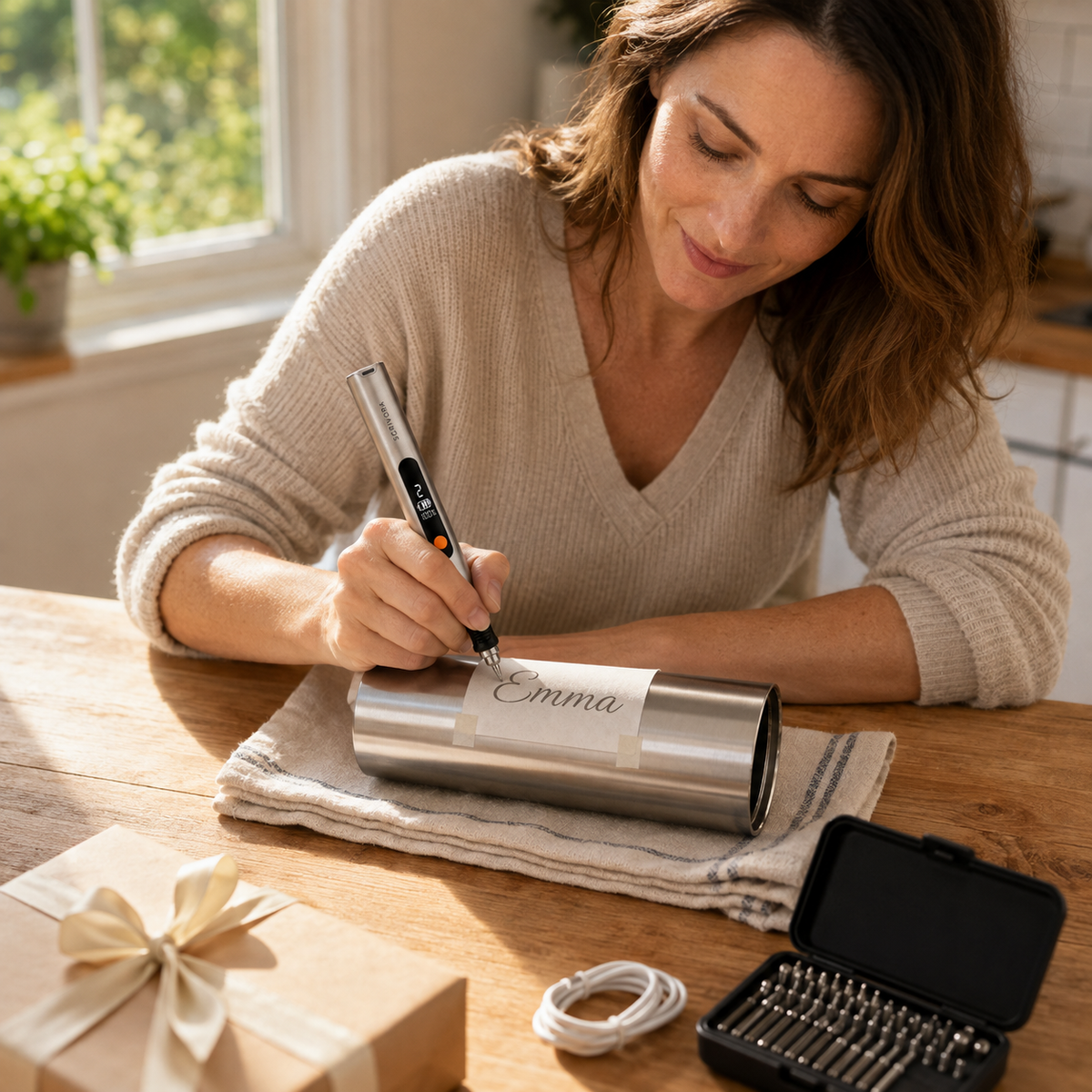 Hands engraving a matte-black stainless tumbler at a kitchen table