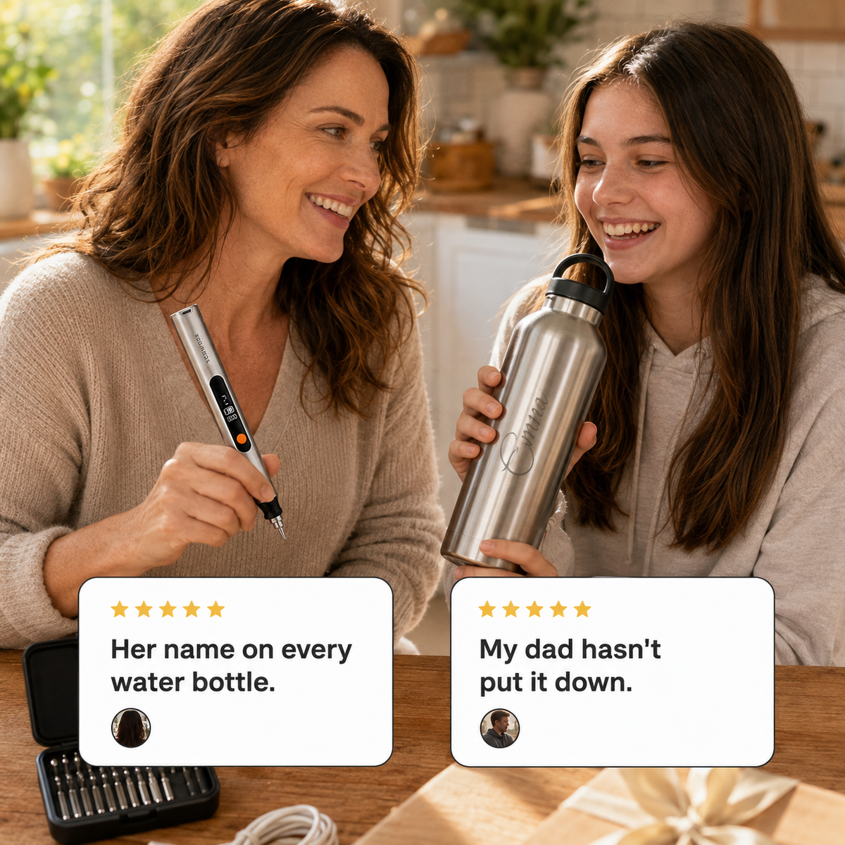 Giver and recipient with two five-star review cards