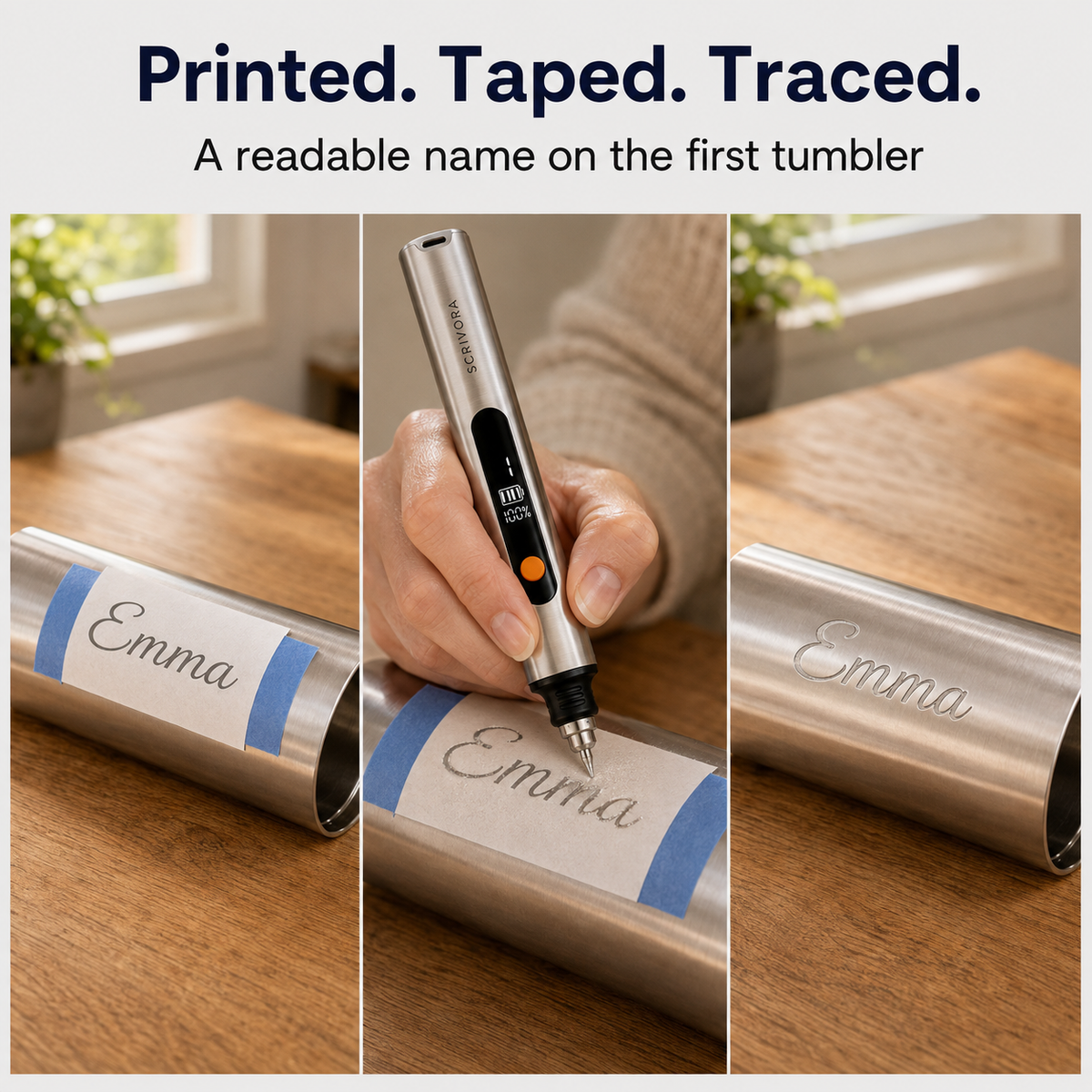 Printed, taped, traced: a readable name on the first tumbler