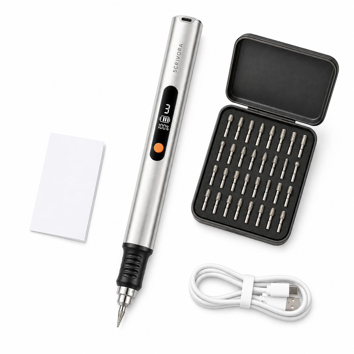 One complete Scrivora kit: pen, 30-bit case, Type-C cable, quick-start card