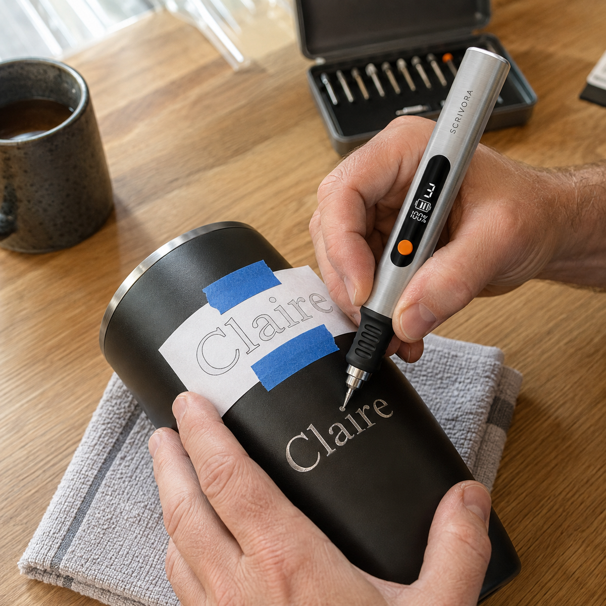 A stainless tumbler being engraved, first letters legible