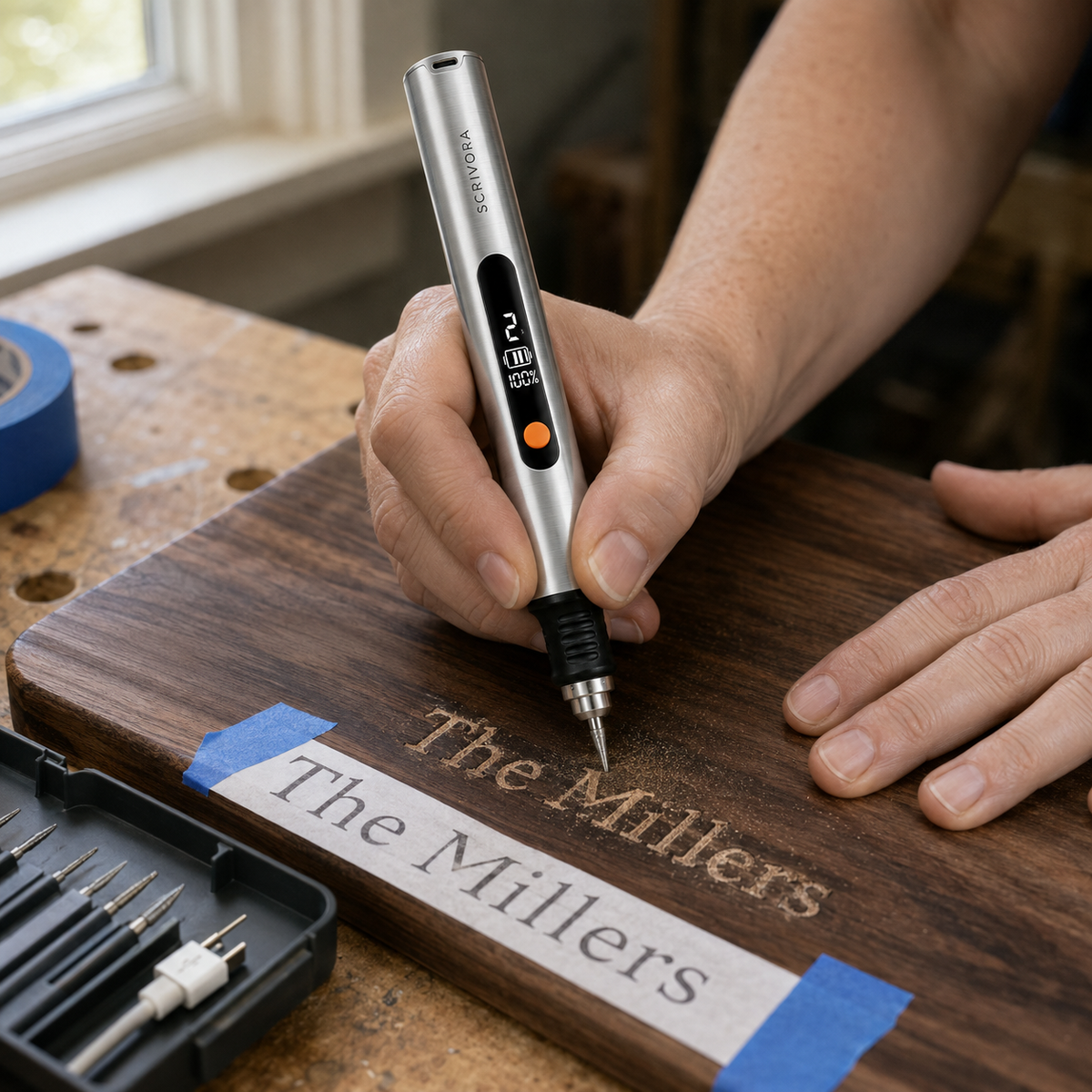Cutting board engraved with Nana's Kitchen, before and after