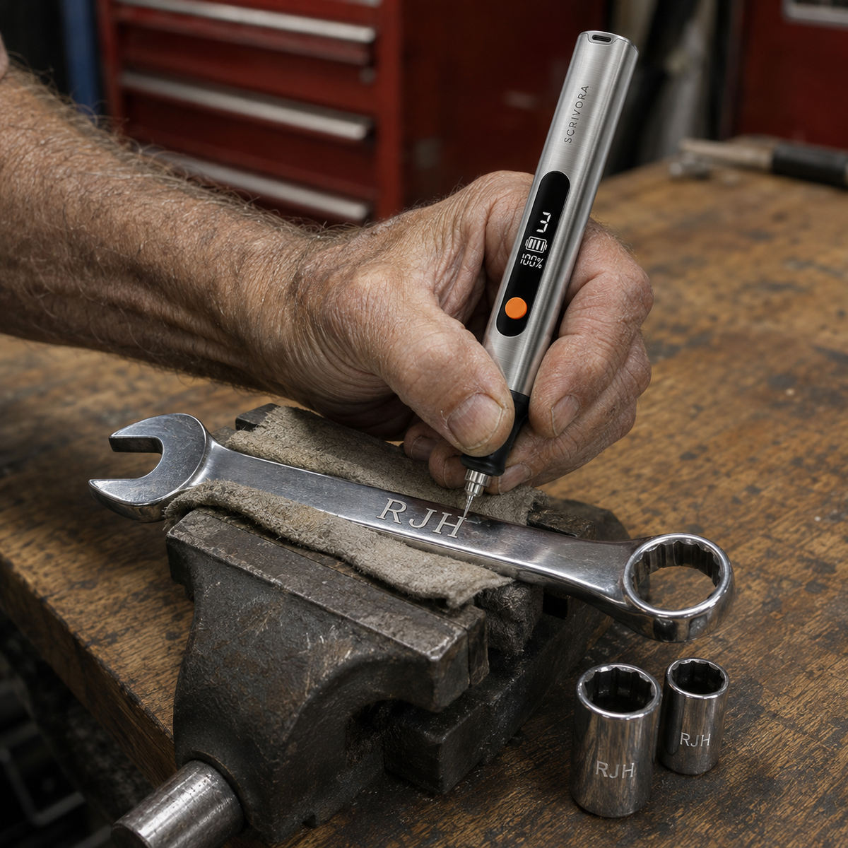 A wrench being marked with initials on a garage bench