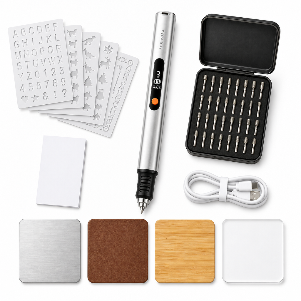 Complete Set: pen, 30 diamond bits, 5 stencil sheets, 4 practice boards (aluminum, leather, bamboo, acrylic), cable, guide